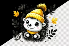 Watercolor cute smiling hedgehog neon yellow hat fall autumn leaves animal print 20 oz tumbler mug wrap clipart printable sublimation design png