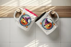 Watercolor cute smiling jack o lantern pumpkin witch hat circular Halloween print tumbler skinny mug wrap clipart t-shirt sublimation printable design