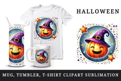 Watercolor cute smiling jack o lantern pumpkin witch hat circular Halloween print tumbler skinny mug wrap clipart t-shirt sublimation printable design