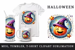 Watercolor cute smiling jack o lantern pumpkin witch hat circular Halloween print tumbler skinny mug wrap clipart t-shirt sublimation printable design