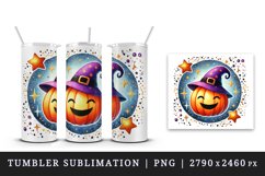 Watercolor cute smiling jack o lantern pumpkin witch hat circular Halloween print tumbler skinny mug wrap clipart t-shirt sublimation printable design