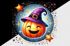 Watercolor cute smiling jack o lantern pumpkin witch hat circular Halloween print tumbler skinny mug wrap clipart t-shirt sublimation printable design