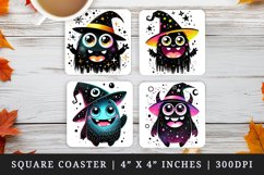 Watercolor cute smiling monster with glowing neon color witch hat Halloween print square coaster mug coasters sublimation design