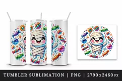 Watercolor cute smiling mummy character sparkles candy circular Halloween print tumbler skinny mug wrap clipart t-shirt sublimation printable design