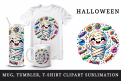 Watercolor cute smiling mummy character sparkles candy circular Halloween print tumbler skinny mug wrap clipart t-shirt sublimation printable design