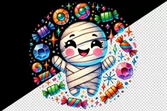 Watercolor cute smiling mummy character sparkles candy circular Halloween print tumbler skinny mug wrap clipart t-shirt sublimation printable design