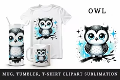 Watercolor cute smiling owl sitting on branch blue sparkles around animal print 20 oz tumbler mug wrap clipart printable sublimation design png