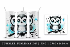 Watercolor cute smiling owl sitting on branch blue sparkles around animal print 20 oz tumbler mug wrap clipart printable sublimation design png