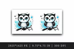Watercolor cute smiling owl sitting on branch blue sparkles around animal print 20 oz tumbler mug wrap clipart printable sublimation design png