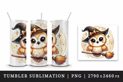 Watercolor cute smiling owl witch hat on broomstick circular Halloween print 20oz tumbler skinny mug wrap clipart t-shirt sublimation printable design