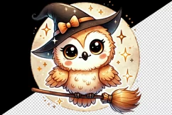 Watercolor cute smiling owl witch hat on broomstick circular Halloween print 20oz tumbler skinny mug wrap clipart t-shirt sublimation printable design