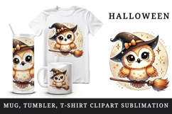Watercolor cute smiling owl witch hat on broomstick circular Halloween print 20oz tumbler skinny mug wrap clipart t-shirt sublimation printable design