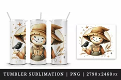 Watercolor cute smiling scarecrow floppy hat blackbird circular Halloween print tumbler skinny mug wrap clipart t-shirt sublimation printable design