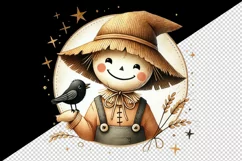 Watercolor cute smiling scarecrow floppy hat blackbird circular Halloween print tumbler skinny mug wrap clipart t-shirt sublimation printable design
