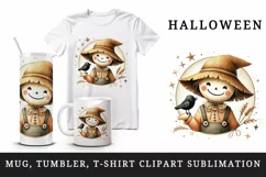 Watercolor cute smiling scarecrow floppy hat blackbird circular Halloween print tumbler skinny mug wrap clipart t-shirt sublimation printable design