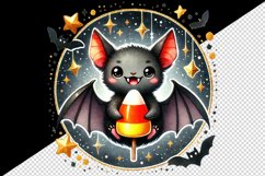 Watercolor cute smiling vampire bat holding candy corn circular Halloween print tumbler skinny mug wrap clipart t-shirt sublimation printable design