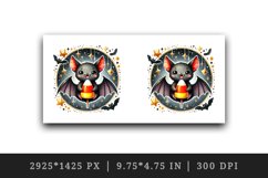 Watercolor cute smiling vampire bat holding candy corn circular Halloween print tumbler skinny mug wrap clipart t-shirt sublimation printable design
