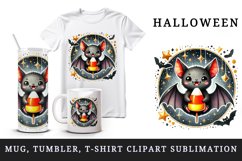 Watercolor cute smiling vampire bat holding candy corn circular Halloween print tumbler skinny mug wrap clipart t-shirt sublimation printable design