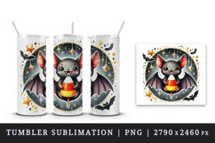Watercolor cute smiling vampire bat holding candy corn circular Halloween print tumbler skinny mug wrap clipart t-shirt sublimation printable design