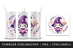 Watercolor cute smiling witch holding magic wand circular Halloween print 20 oz tumbler skinny mug wrap clipart t-shirt sublimation printable design