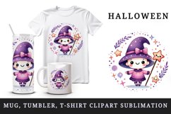 Watercolor cute smiling witch holding magic wand circular Halloween print 20 oz tumbler skinny mug wrap clipart t-shirt sublimation printable design