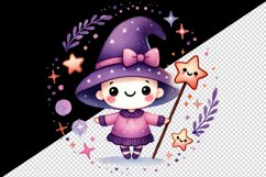 Watercolor cute smiling witch holding magic wand circular Halloween print 20 oz tumbler skinny mug wrap clipart t-shirt sublimation printable design