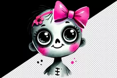 Watercolor cute smiling zombie girl with big eyes neon pink bow Halloween print tumbler skinny mug wrap clipart t-shirt sublimation printable design