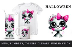 Watercolor cute smiling zombie girl with big eyes neon pink bow Halloween print tumbler skinny mug wrap clipart t-shirt sublimation printable design
