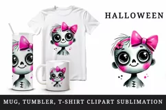 Watercolor cute smiling zombie girl with big eyes neon pink bow Halloween print tumbler skinny mug wrap clipart t-shirt sublimation printable design