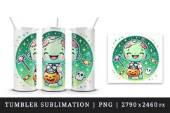 Watercolor cute smiling zombie holding trick or treat bag Halloween print 20 oz tumbler skinny mug wrap clipart t-shirt sublimation printable design