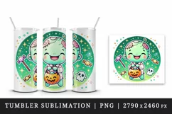 Watercolor cute smiling zombie holding trick or treat bag Halloween print 20 oz tumbler skinny mug wrap clipart t-shirt sublimation printable design