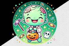 Watercolor cute smiling zombie holding trick or treat bag Halloween print 20 oz tumbler skinny mug wrap clipart t-shirt sublimation printable design
