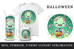 Watercolor cute smiling zombie holding trick or treat bag Halloween print 20 oz tumbler skinny mug wrap clipart t-shirt sublimation printable design