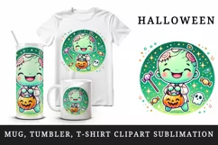 Watercolor cute smiling zombie holding trick or treat bag Halloween print 20 oz tumbler skinny mug wrap clipart t-shirt sublimation printable design