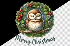 Watercolor cute snoozing owl wreath Merry Christmas greeting quote print 20 oz tumbler skinny mug wrap clipart t-shirt sublimation printable design