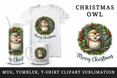 Watercolor cute snoozing owl wreath Merry Christmas greeting quote print 20 oz tumbler skinny mug wrap clipart t-shirt sublimation printable design