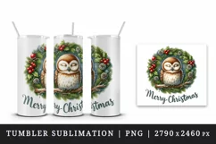 Watercolor cute snoozing owl wreath Merry Christmas greeting quote print 20 oz tumbler skinny mug wrap clipart t-shirt sublimation printable design
