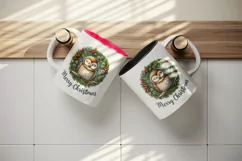 Watercolor cute snoozing owl wreath Merry Christmas greeting quote print 20 oz tumbler skinny mug wrap clipart t-shirt sublimation printable design