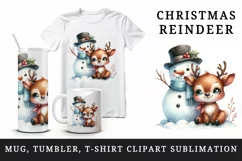 Watercolor cute snowman and reindeer scarf winter Christmas print 20 oz tumbler skinny mug wrap clipart t-shirt sublimation printable design