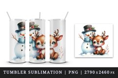 Watercolor cute snowman and reindeer scarf winter Christmas print 20 oz tumbler skinny mug wrap clipart t-shirt sublimation printable design