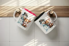 Watercolor cute snowman and reindeer scarf winter Christmas print 20 oz tumbler skinny mug wrap clipart t-shirt sublimation printable design