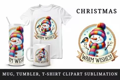 Watercolor cute snowman bird Warm Wishes quote Christmas New Year winter print tumbler skinny mug wrap clipart t-shirt sublimation printable design