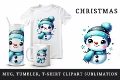 Watercolor cute snowman blue scarf hat smile Christmas New Year winter print 20oz tumbler skinny mug wrap clipart t-shirt sublimation printable design