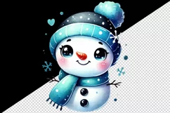 Watercolor cute snowman blue scarf hat smile Christmas New Year winter print 20oz tumbler skinny mug wrap clipart t-shirt sublimation printable design