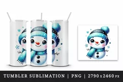 Watercolor cute snowman blue scarf hat smile Christmas New Year winter print 20oz tumbler skinny mug wrap clipart t-shirt sublimation printable design