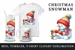Watercolor cute snowman building mini bright scarf hat Christmas print 20 oz tumbler skinny mug wrap clipart t-shirt sublimation printable design