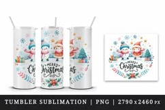 Watercolor cute snowman girl snowflakes round Merry Christmas quote print 20 oz tumbler skinny mug wrap clipart t-shirt sublimation printable design
