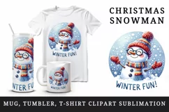 Watercolor cute snowman glasses scarf hat Winter Fun Christmas quote print 20 oz tumbler skinny mug wrap clipart t-shirt sublimation printable design