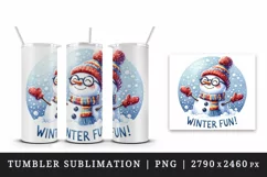 Watercolor cute snowman glasses scarf hat Winter Fun Christmas quote print 20 oz tumbler skinny mug wrap clipart t-shirt sublimation printable design