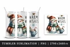 Watercolor cute snowman hat hot cocoa Warm Wishes Christmas quote print 20 oz tumbler skinny mug wrap clipart t-shirt sublimation printable design